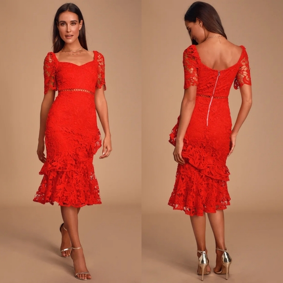 Lulu's | Briarwood Red Lace Midi Dress - Picture 2 of 9